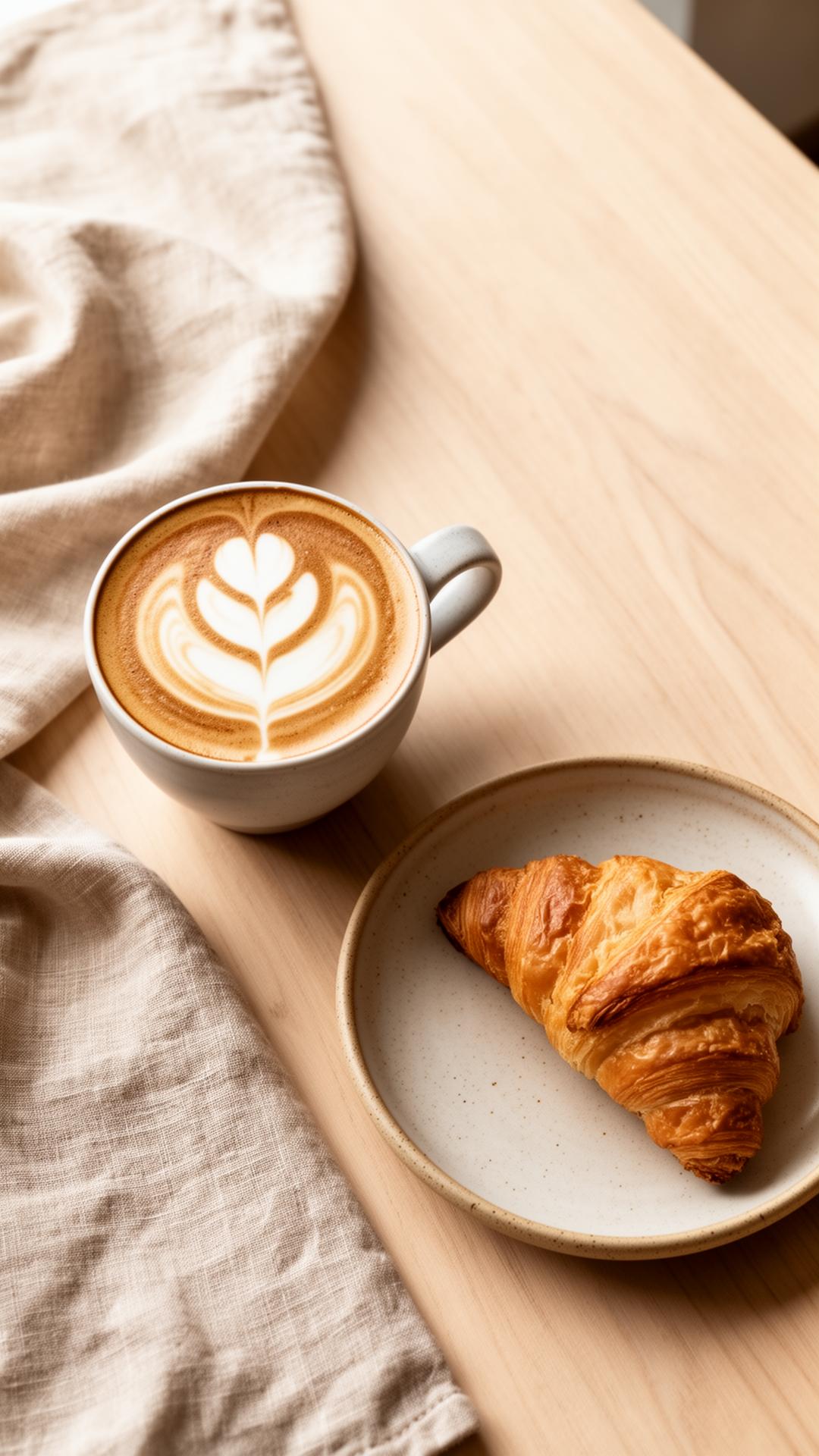 Café de especialidad y medialuna en mesa de madera